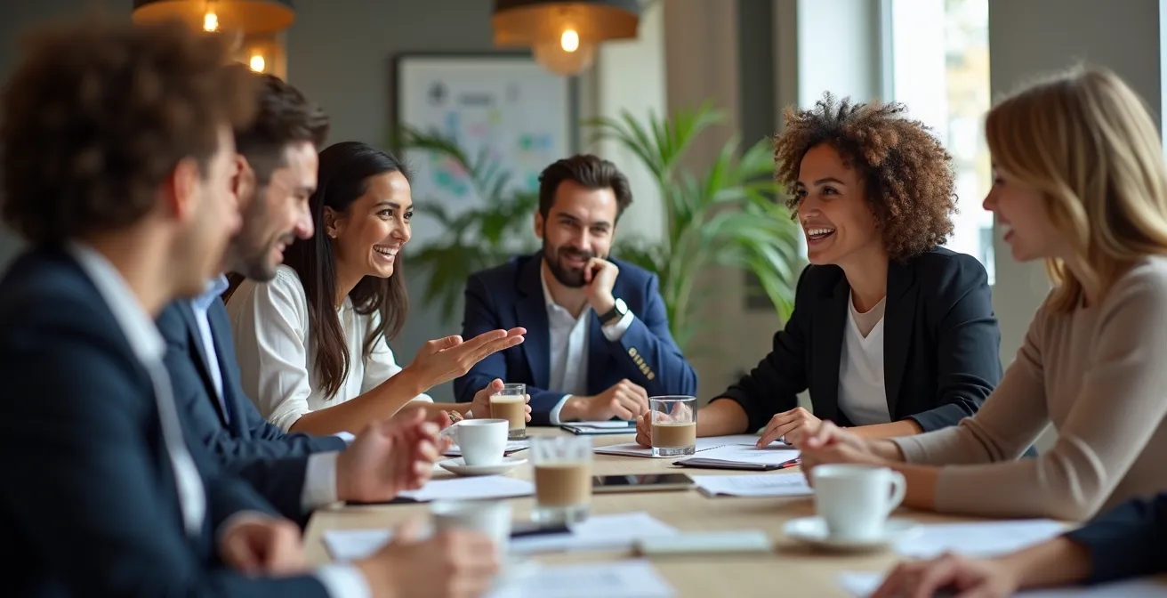 Groupe de collaborateurs en formation découvrant ensemble une nouvelle plateforme collaborative.