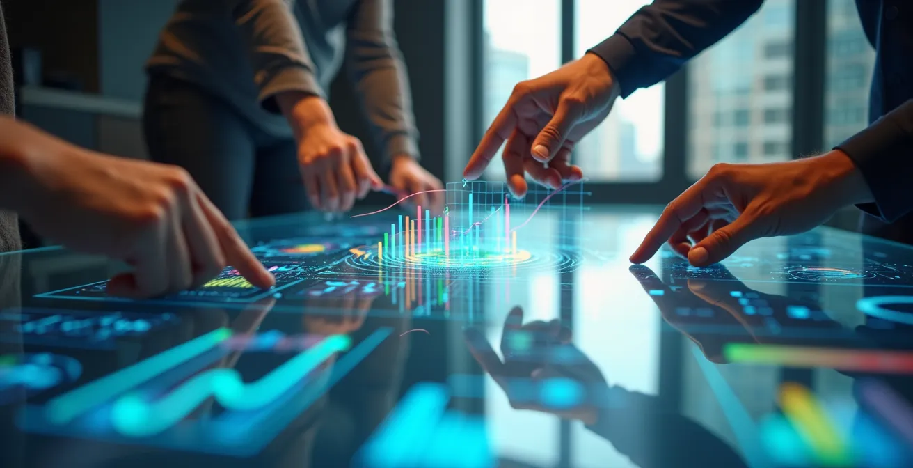 Mains analysant des données de ROI avec graphiques colorés sur bureau moderne