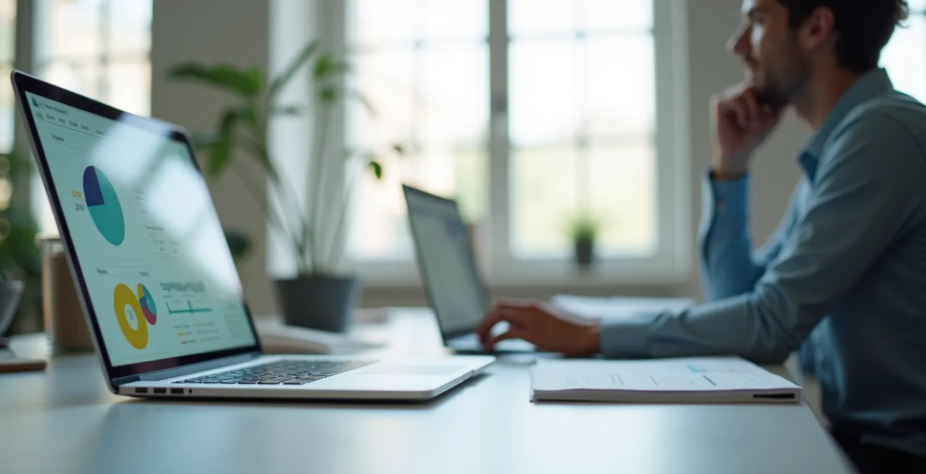 Espace de travail minimaliste avec ordinateur portable montrant des graphiques flous et une personne réfléchissant en arrière-plan
