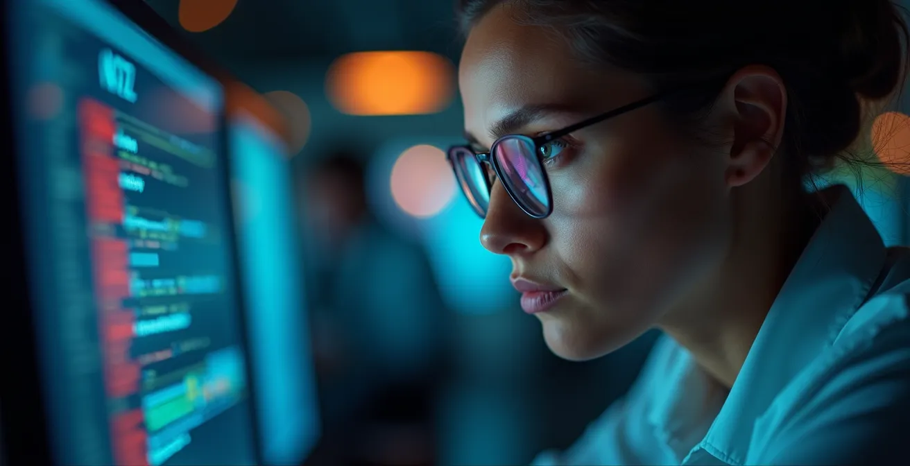 Analyste scrutant des patterns de données sur un écran de monitoring