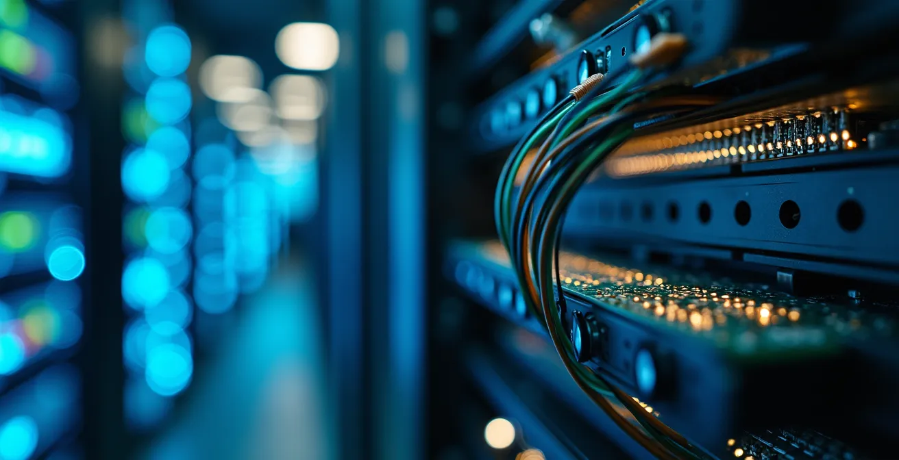 Salle serveur moderne avec équipements techniques et éclairages LED bleus
