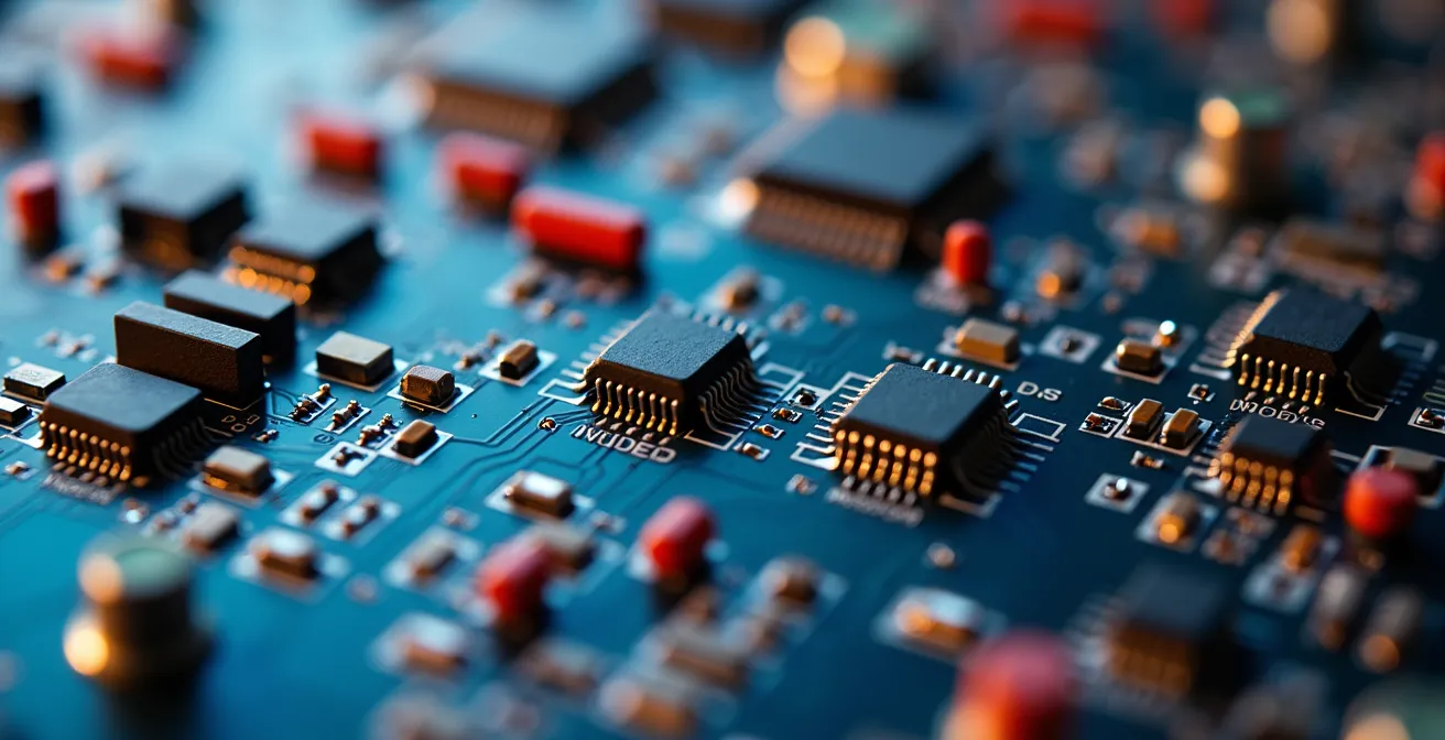 Vue macro de circuits imprimés colorés représentant métaphoriquement l'analyse technique d'un site web
