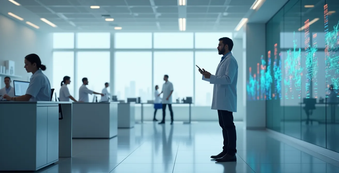 Chercheur analysant des données dans un laboratoire technologique moderne avec écrans de visualisation