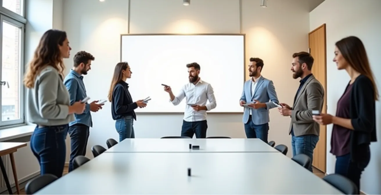 Équipe en atelier collaboratif de définition d'objectifs SMART avec tableau blanc