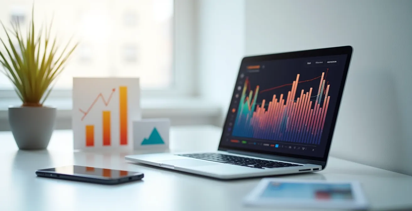 Écran d'ordinateur portable montrant des graphiques de performance abstraits et colorés