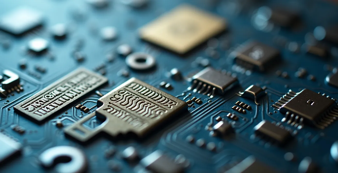 Vue macro d'une clé USB sécurisée avec texture métallique