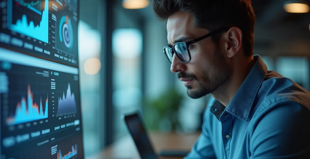 Expert analysant des données de performance web sur plusieurs écrans avec graphiques et métriques