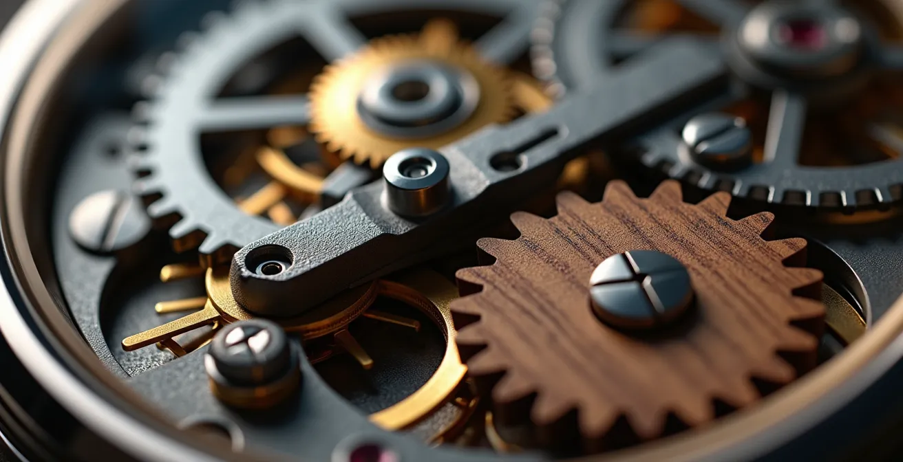 Représentation abstraite de l'interaction entre des engrenages métalliques (automatisation) et des pièces de bois organiques (collaboration humaine).