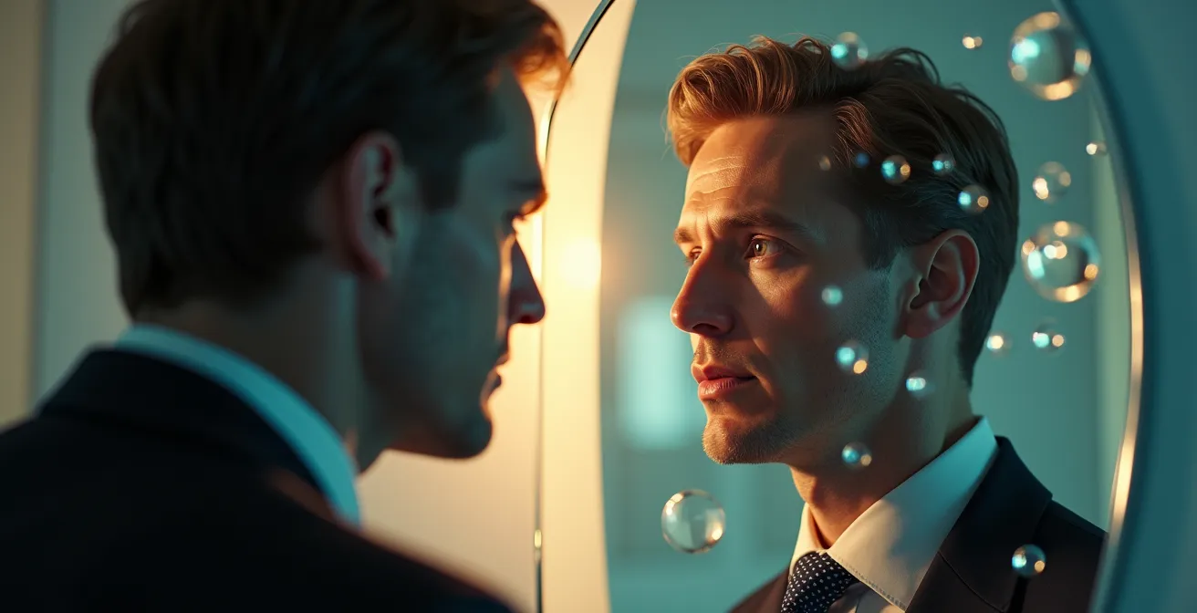 Dirigeant face à un miroir déformant reflétant des projections technologiques idéalisées