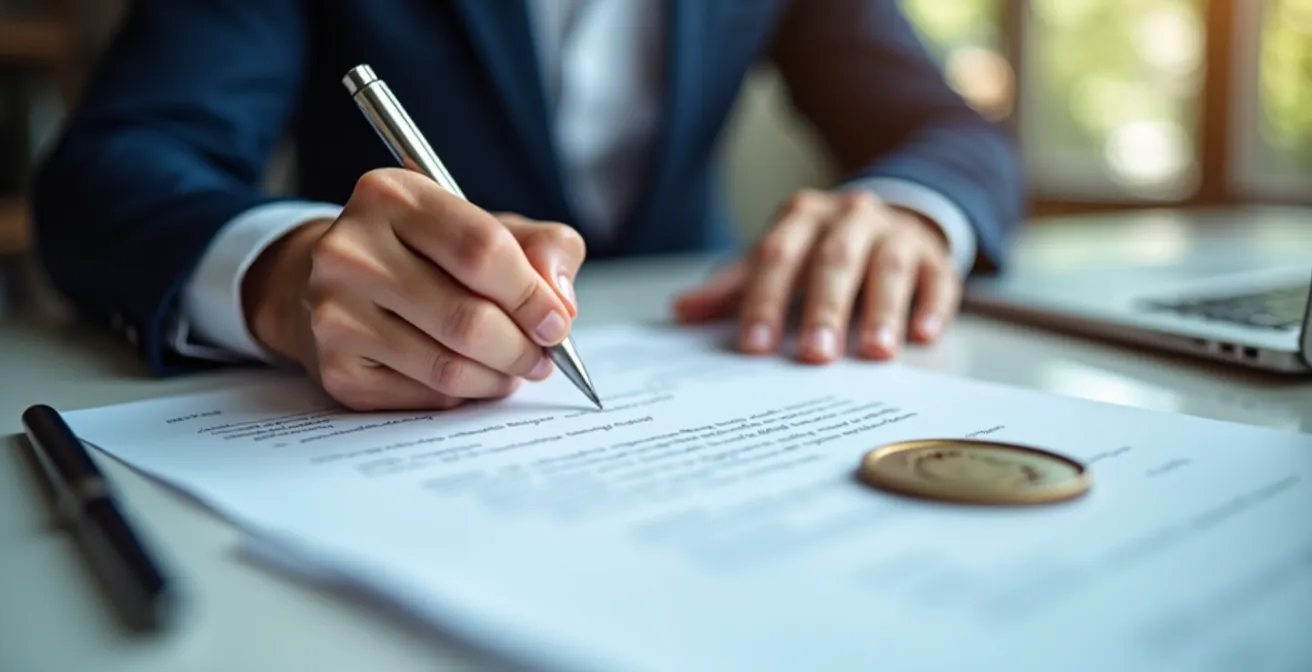 Bureau moderne avec des documents stratégiques et un sceau officiel, symbolisant la protection de la propriété intellectuelle.