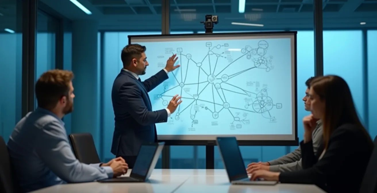 Salle de crise avec équipe de sécurité coordonnant une intervention d'urgence