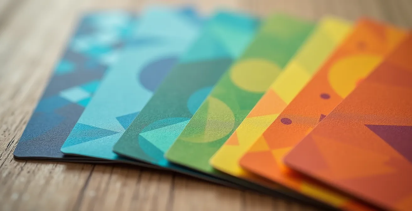 Vue macro de cartes personas colorées disposées sur une surface en bois avec profondeur de champ réduite