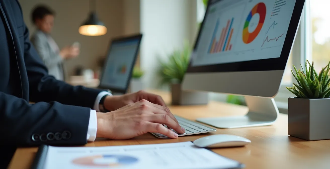 Espace de travail moderne avec ordinateur montrant des graphiques colorés en arrière-plan flou, mains positionnées sur clavier