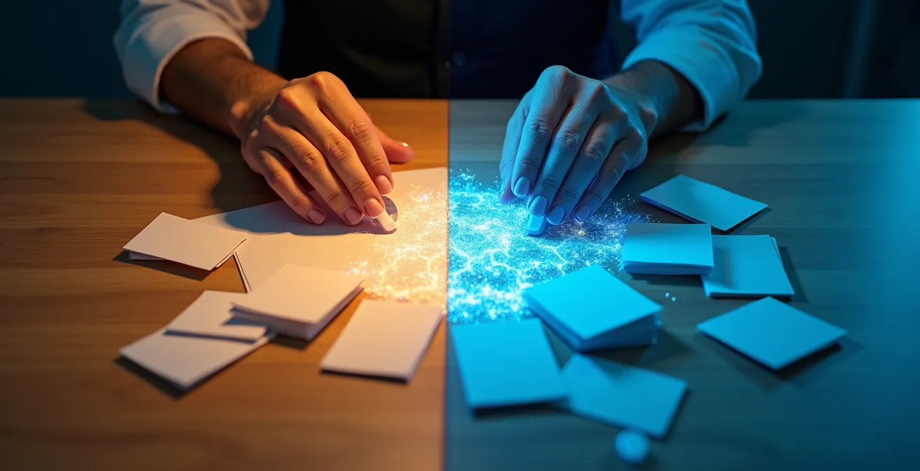 Comparaison visuelle entre tri manuel de documents et filtrage algorithmique automatisé