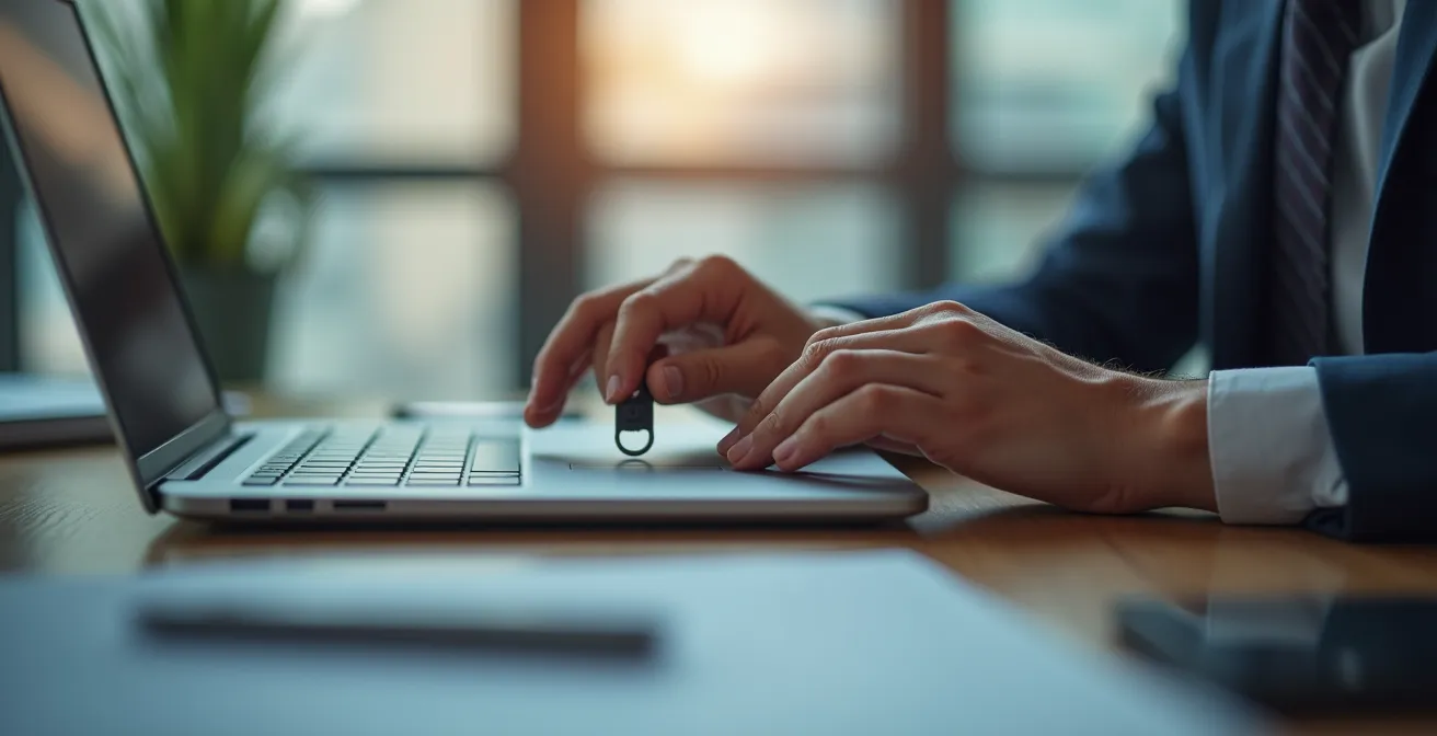 Employé utilisant une clé de sécurité physique FIDO2 sur son poste de travail dans un environnement professionnel moderne