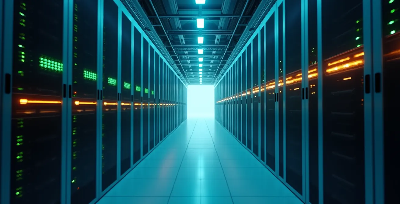 Environnement minimaliste de datacenter avec serveurs et flux de données abstraits représentant la vérification de sécurité