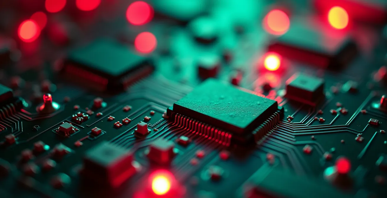 Vue macro de circuits électroniques avec patterns lumineux représentant l'analyse d'infection