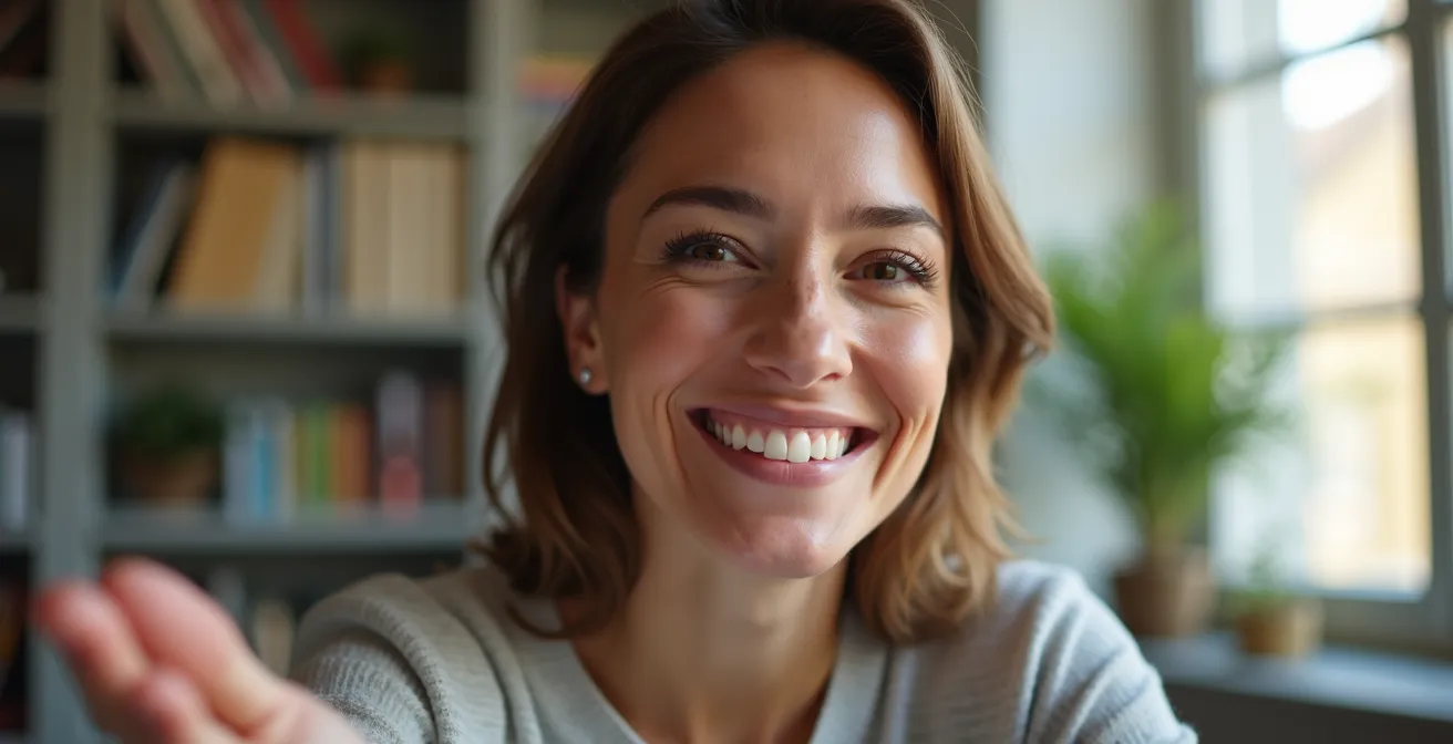 Équipe collaborant à distance avec engagement et sourires lors d'une visioconférence