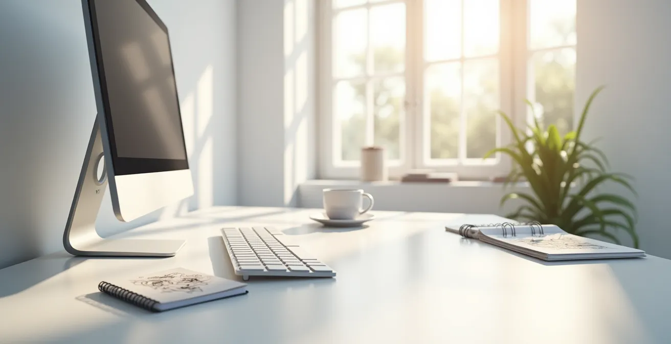 Espace de travail épuré d'un monteur vidéo avec équipement professionnel dans une atmosphère calme