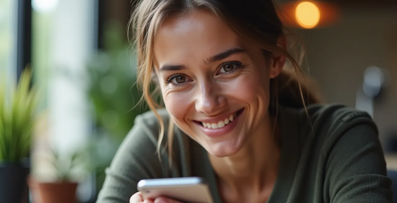 Portrait rapproché d'un community manager souriant répondant aux commentaires sur smartphone