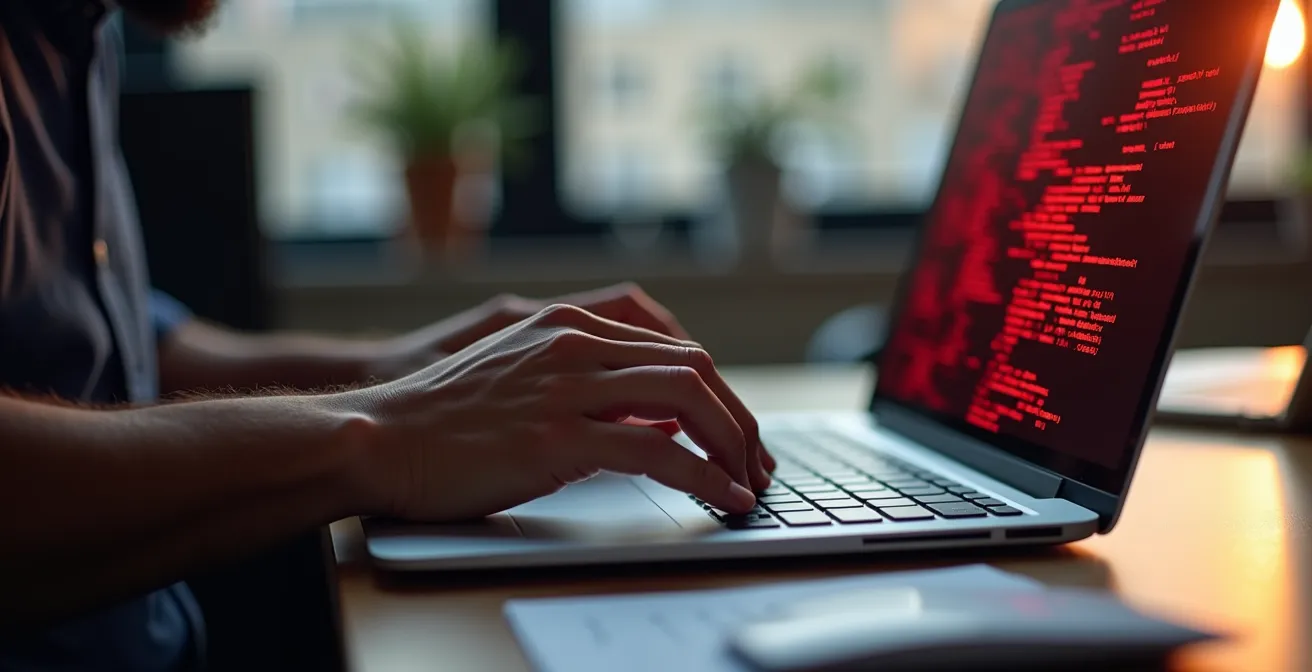 Bureau avec ordinateur portable montrant des voyants d'alerte lors de l'isolation d'un site compromis