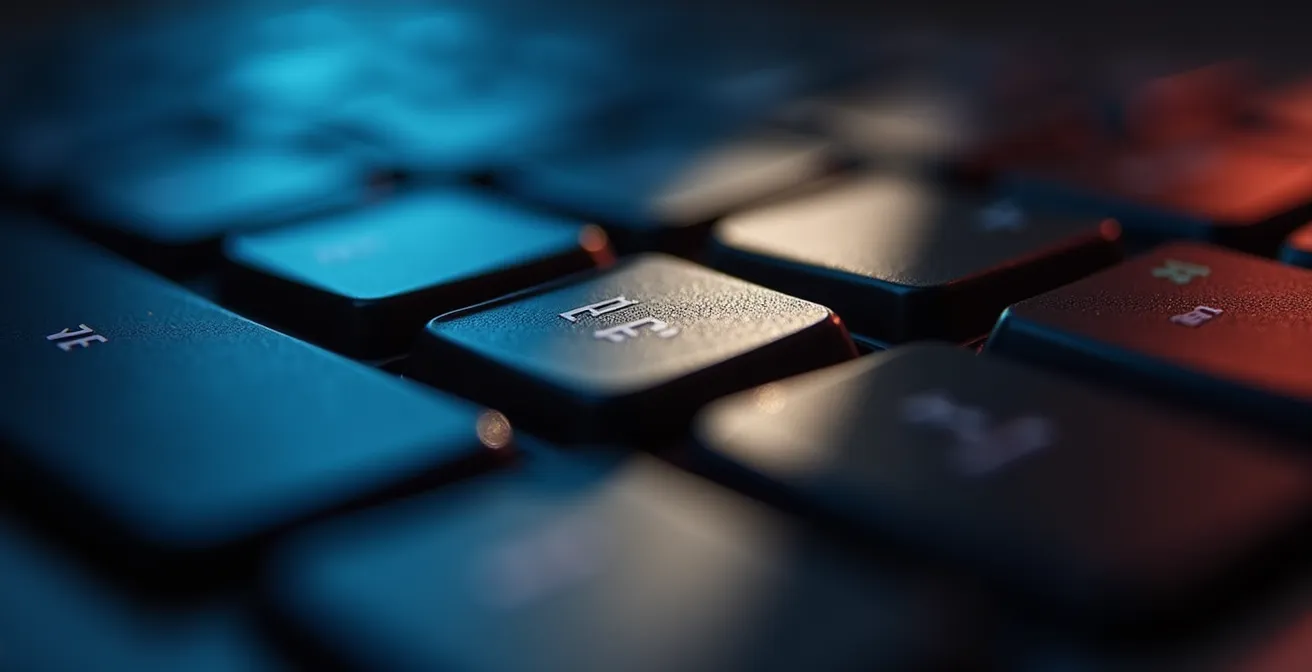 Détail macro de touches de clavier suggérant l'automatisation des processus