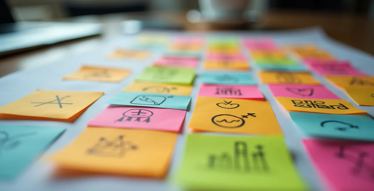 Vue macro d'une grille de planification éditoriale colorée avec des post-its et marqueurs