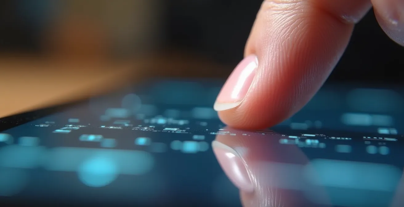 Vue macro de doigts effleurant une surface tactile lisse avec reflets lumineux abstraits suggérant l'interaction