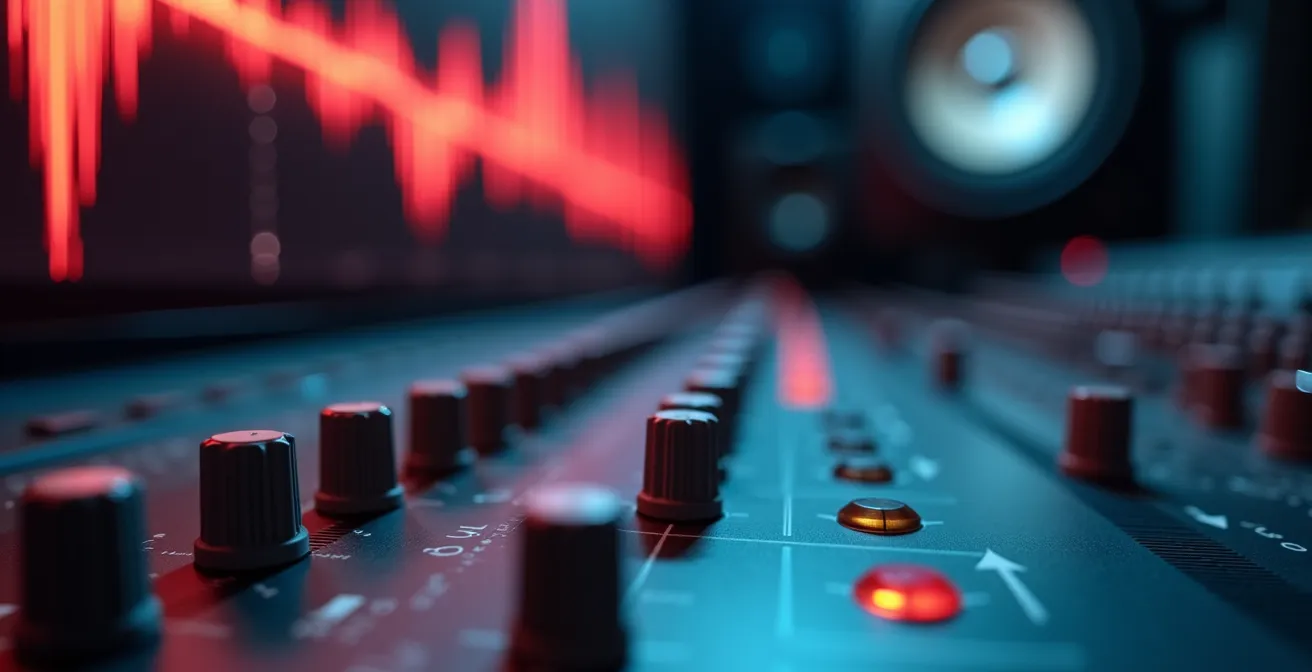 Vue macro des ondes sonores et des marqueurs de rythme sur une interface de montage