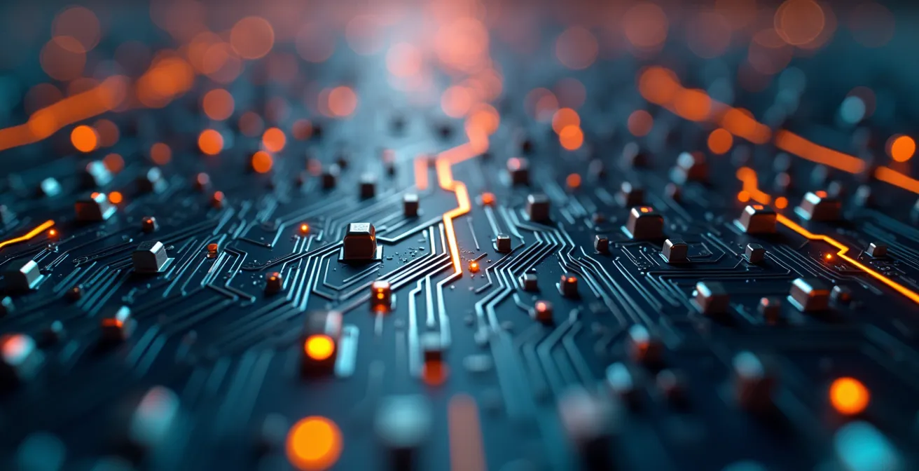 Vue macro de circuits électroniques symbolisant l'optimisation technique web