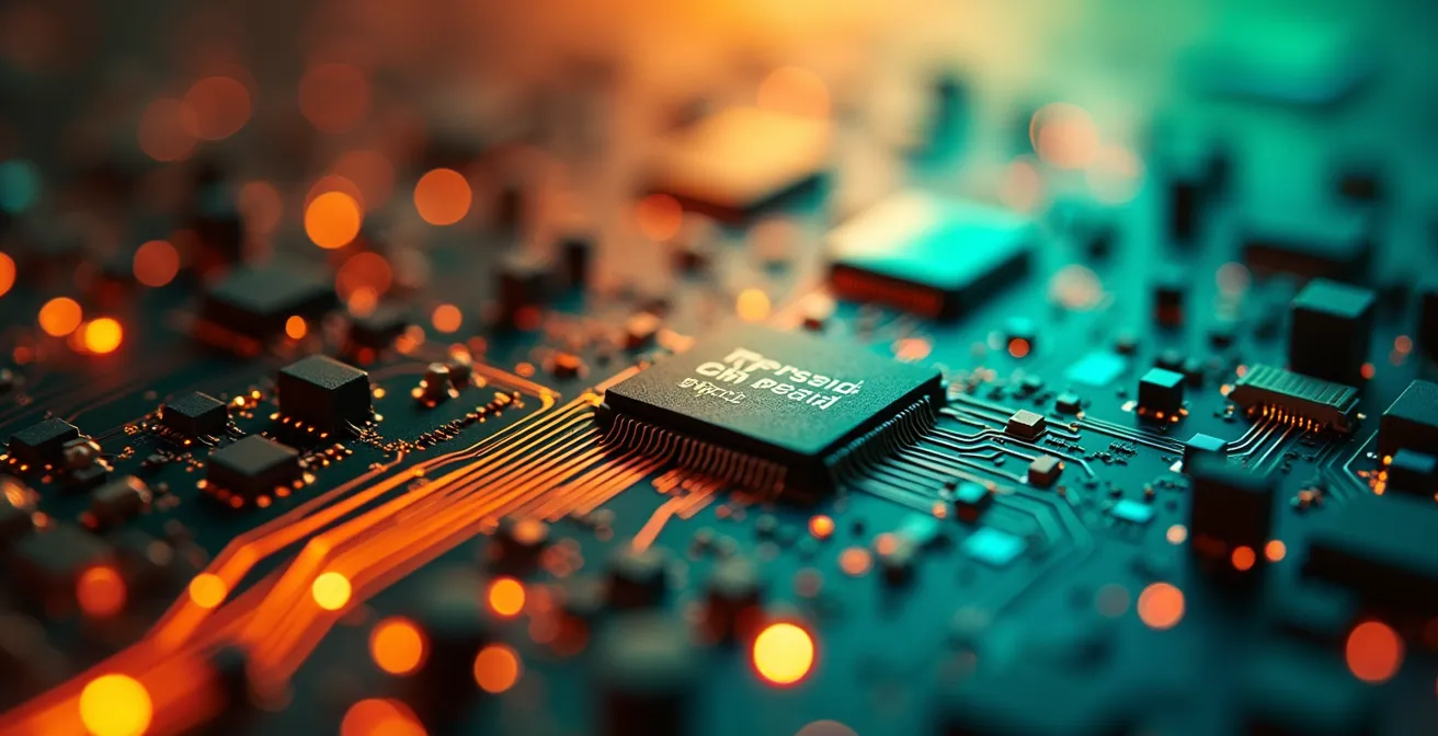 Vue macro d'un circuit électronique avec des chemins de données lumineux passant du rouge au vert, symbolisant la migration sécurisée