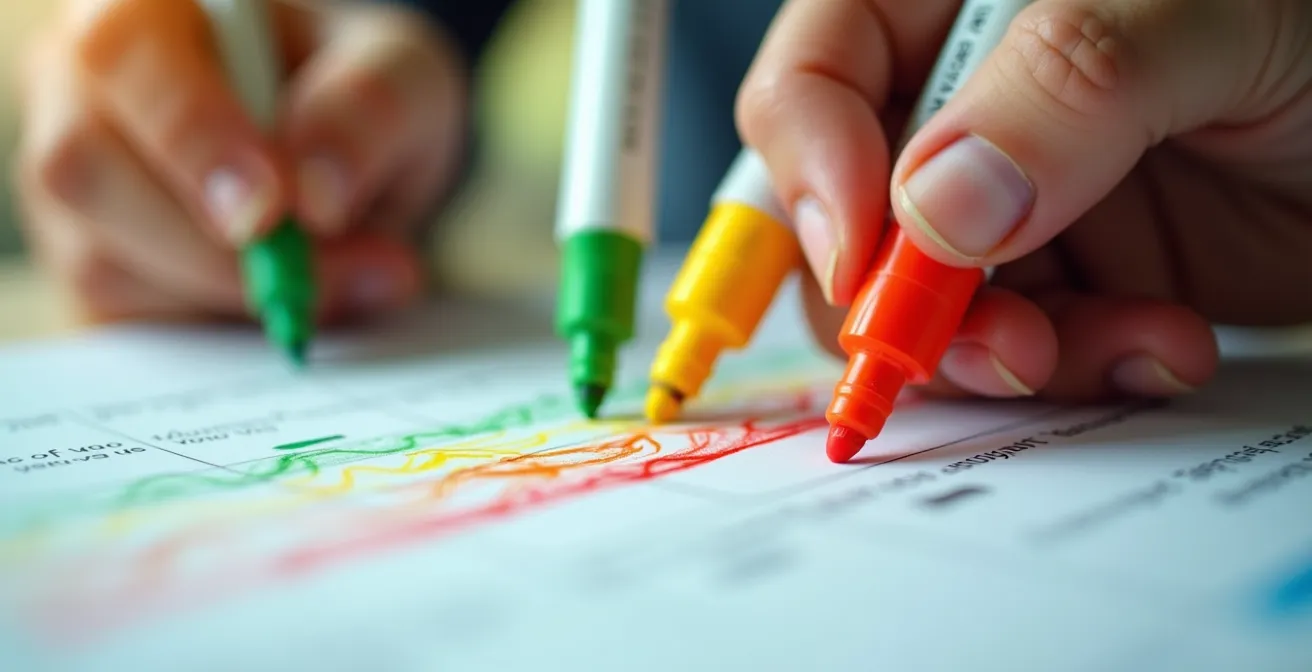 Personne annotant un document avec des marqueurs colorés représentant différents niveaux de priorité