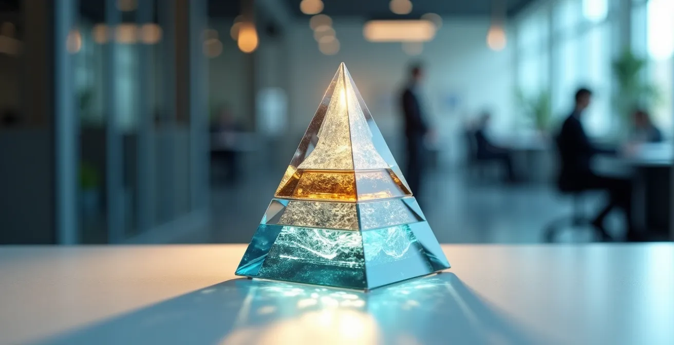 Pyramide conceptuelle représentant la hiérarchie des KPIs depuis l'objectif global jusqu'aux métriques opérationnelles