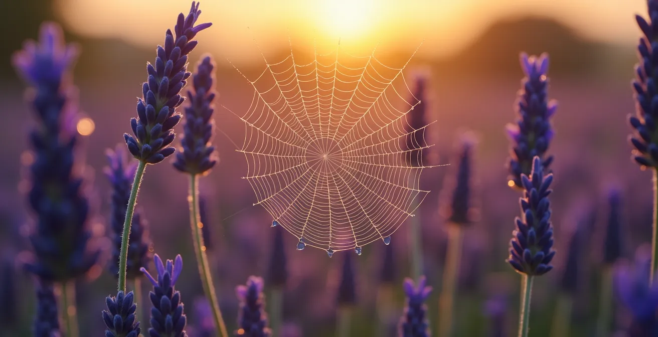 Toile d'araignée couverte de rosée symbolisant un réseau de backlinks interconnectés