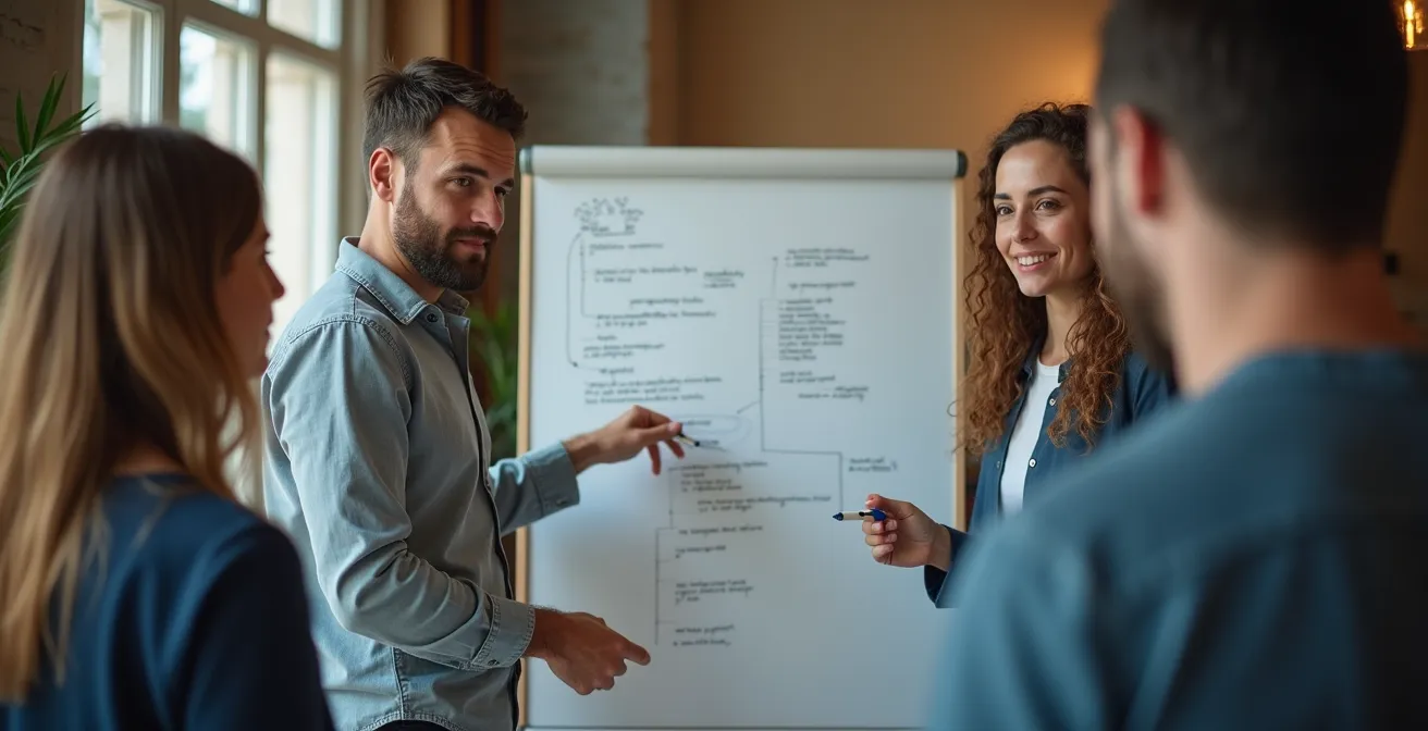 Développeur animant un atelier technique dans un espace de formation français