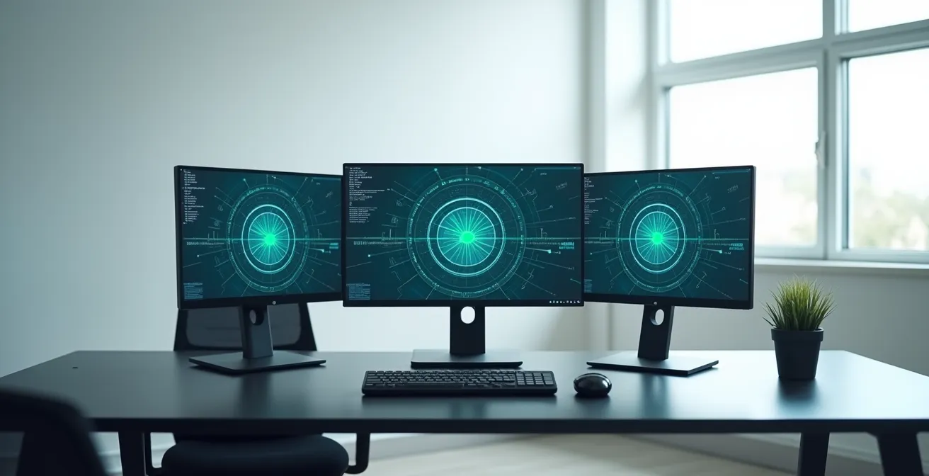 Processus de scan de sécurité avec trois outils interconnectés sur un bureau professionnel