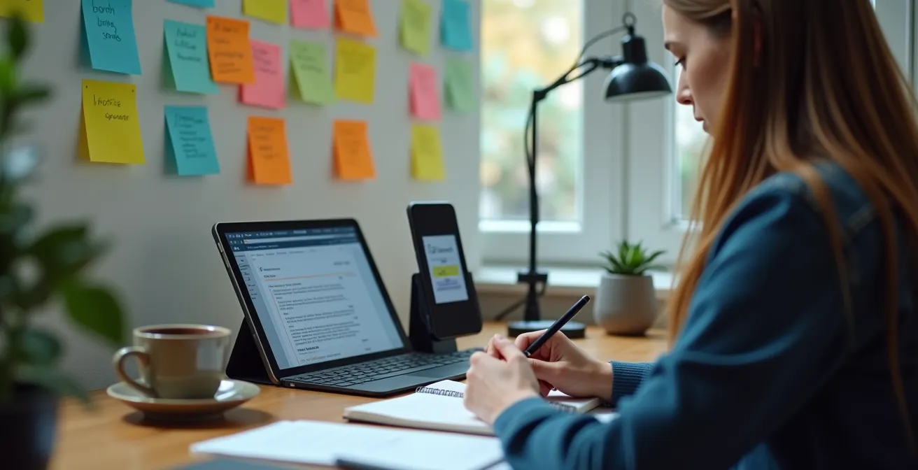 Photographe capturant un espace de travail organisé pour une journée de production intensive