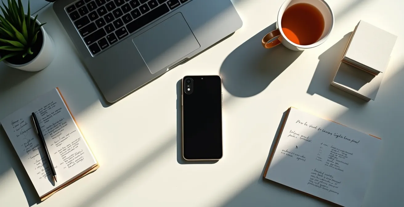 Bureau calme avec un smartphone retourné à côté d'un ordinateur portable, symbolisant la déconnexion numérique volontaire.
