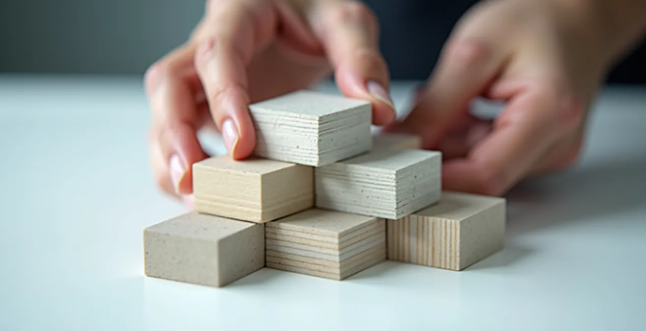 Gros plan sur des mains organisant des blocs conceptuels représentant la structure d'un contenu optimisé pour les featured snippets