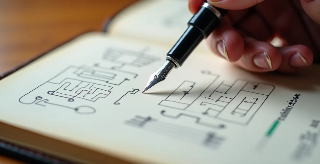 Main tenant un stylo au-dessus d'un carnet avec des schémas de structure de posts