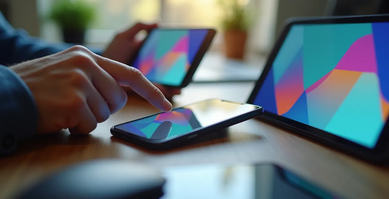 Mains testant un site web sur différents appareils mobiles simultanément