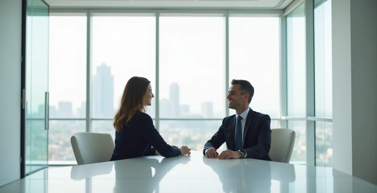 Professionnels en discussion constructive dans un environnement de bureau lumineux