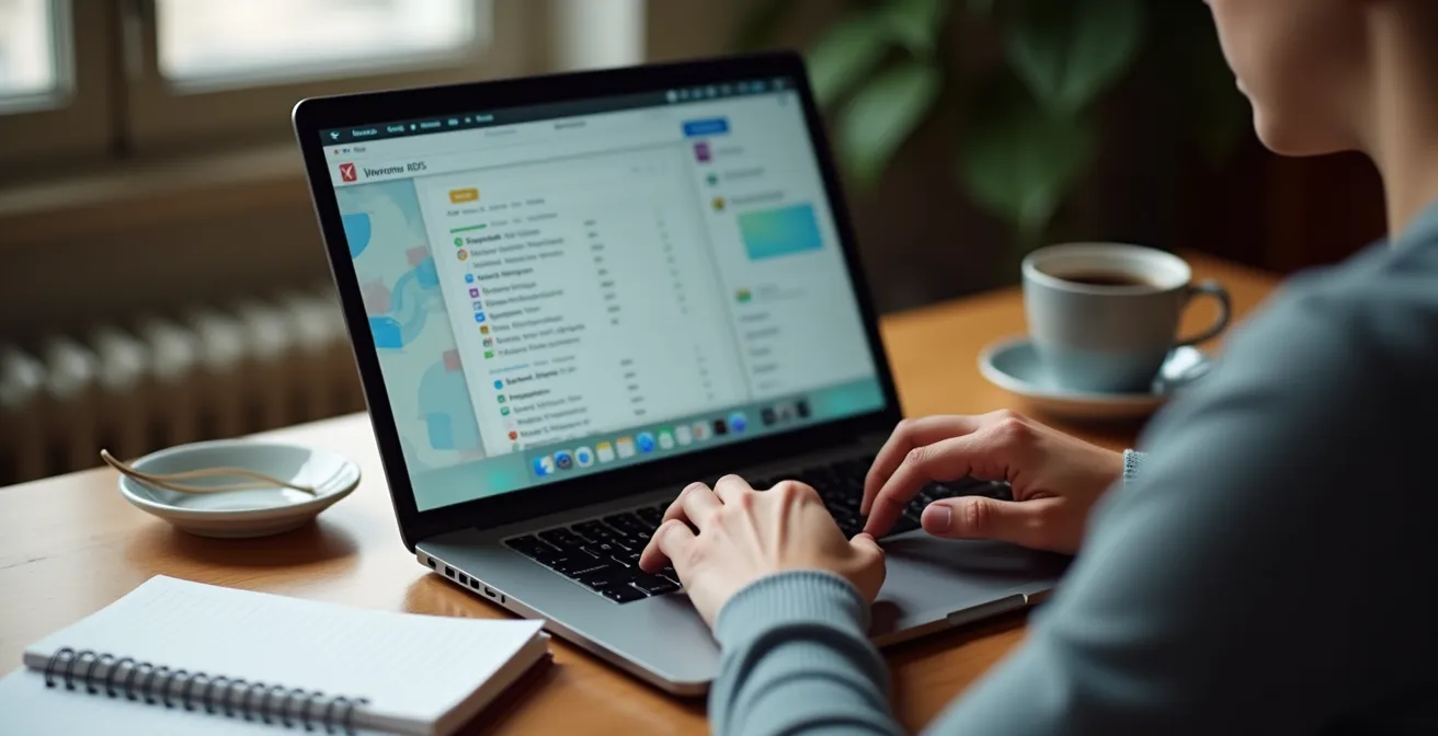 Personne configurant un flux RSS sur ordinateur dans un bureau français