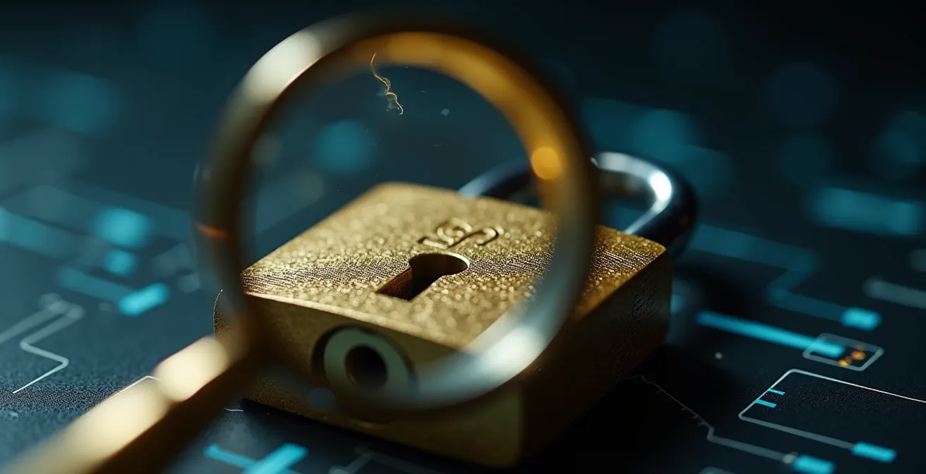 Main tenant une loupe examinant un cadenas doré symbolisant la sécurité SSL, avec des reflets holographiques abstraits