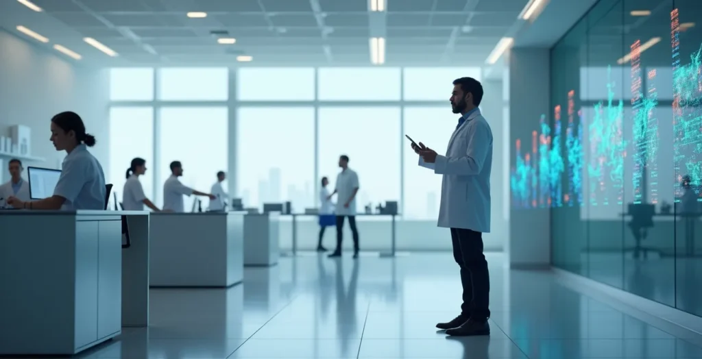 Chercheur analysant des données dans un laboratoire technologique moderne avec écrans de visualisation Chercheur analysant des données dans un laboratoire technologique moderne avec écrans de visualisation